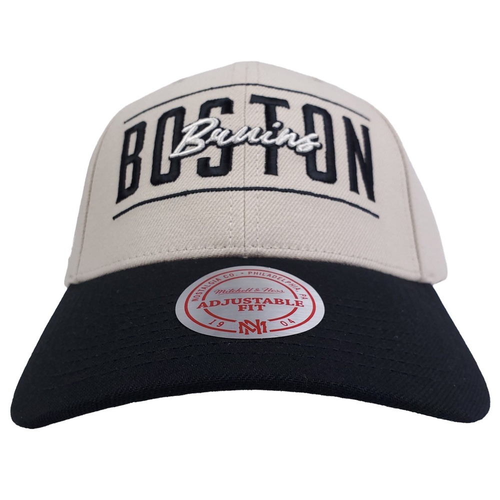 Boston Bruins Mitchell & Ness NHL Pro Fit Snapback Hat Cap 3D Logo Cream NWT